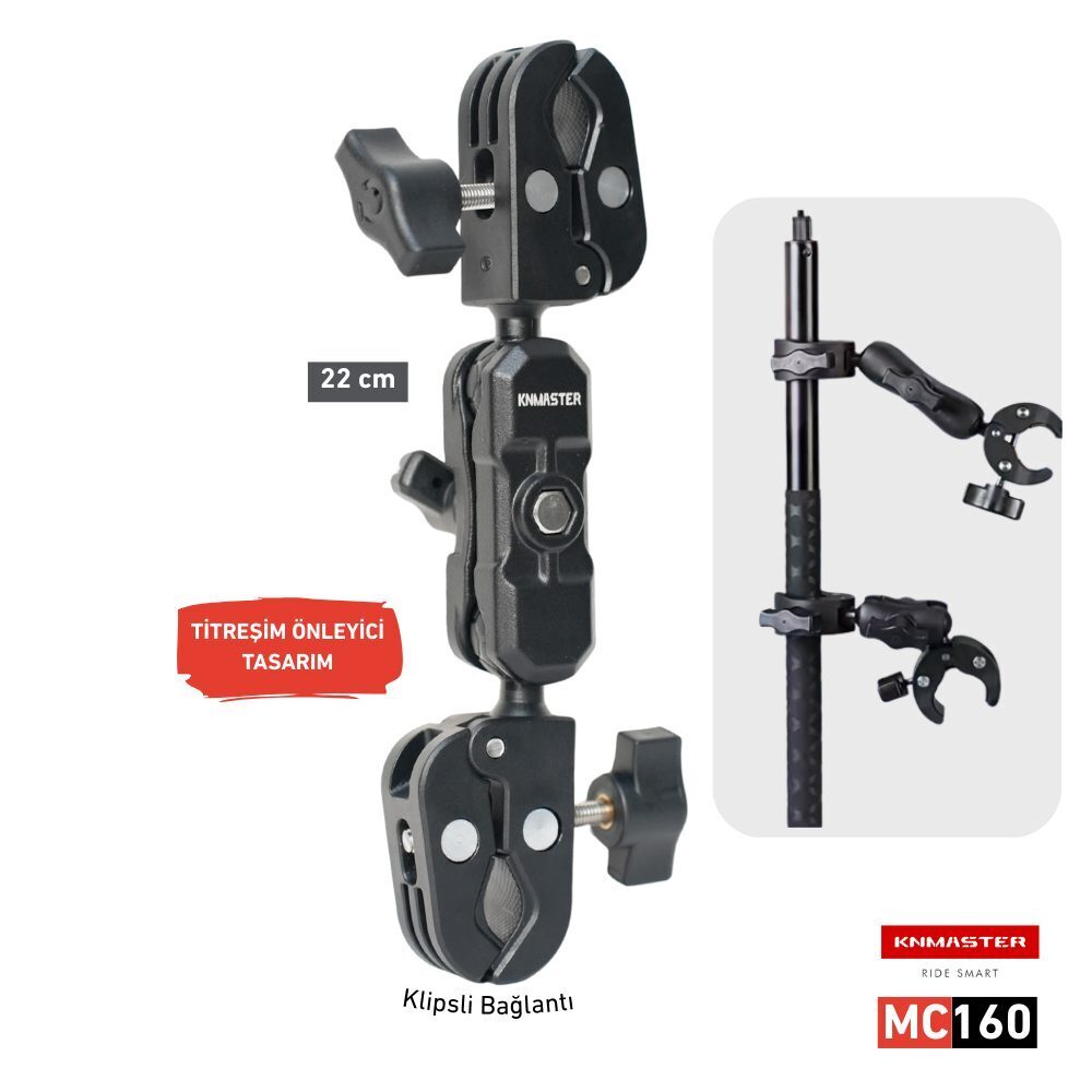 Knmaster MC160 – 360° Ayarlanabilir Motosiklet Çift Yengeç Kelepçeli (Double Clamp) Aksiyon Kamera Destek Aparatı (22 cm) ürün görseli