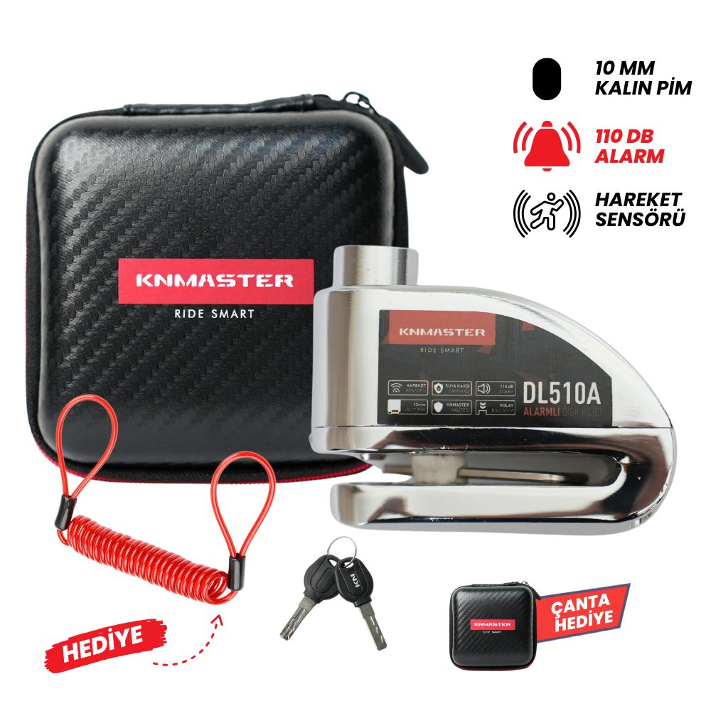 KNMASTER DL510A 10 mm Alarmlı Disk Kilidi | Hatırlatma Kablosu ve Taşıma Çantası Hediye | Silver ürün görseli